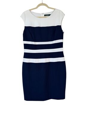 Lauren Ralph Lauren Navy Blue White Colorblock Sheath Dress Womens 14 Corpcore